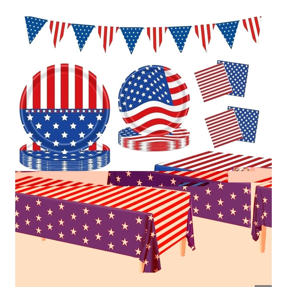 Patriotic 4th Of July Red White Blue Paper Plates Napkins Tablecloth Serve 25